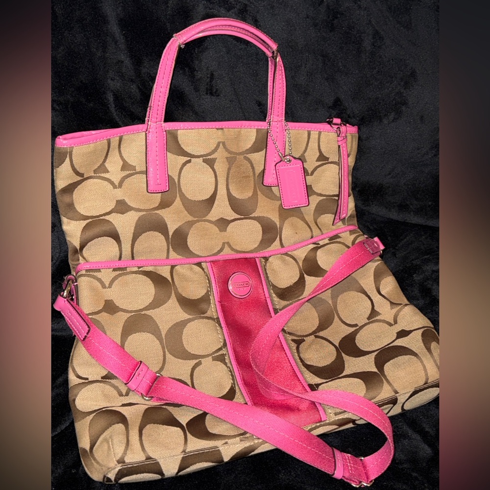 COACH BROWN AND PINK LARGE JACQUARD FOLD OVER  MESSINGER Crossbody Bag - Picture 12 of 13